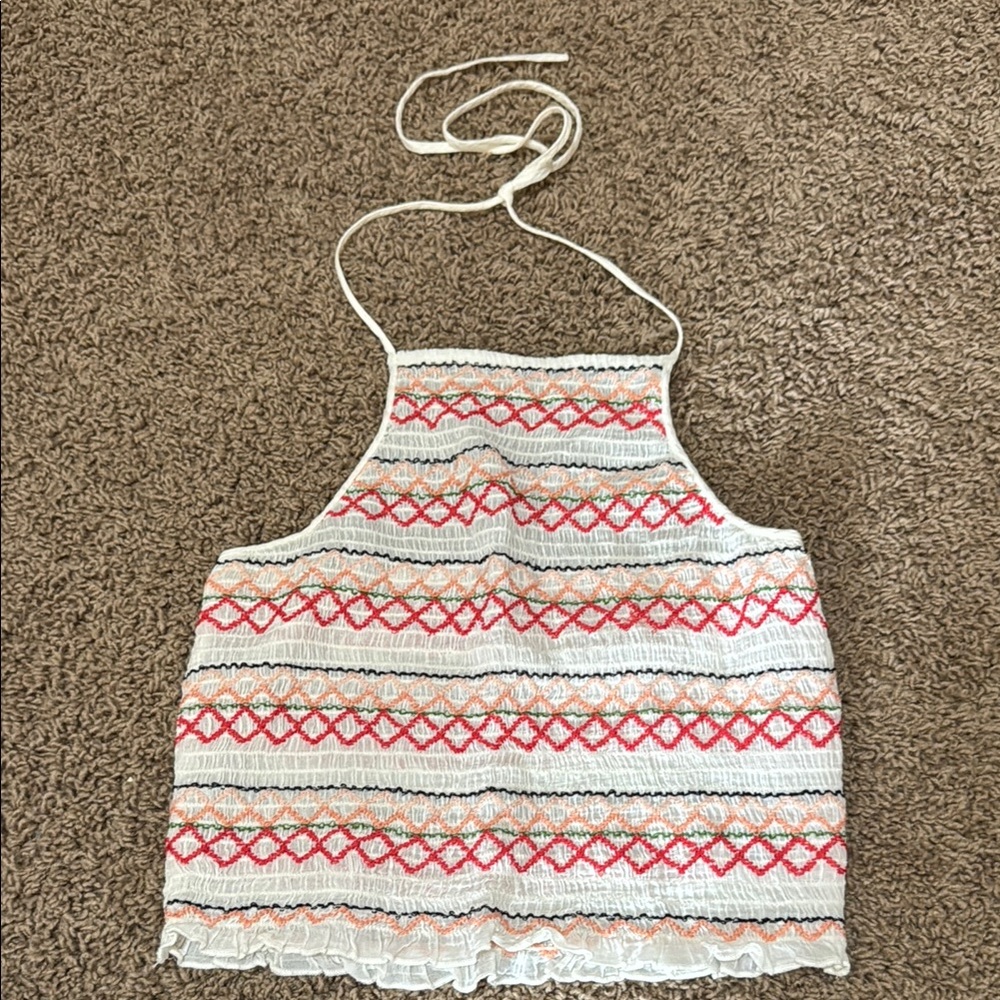 Embroidered Halter Top - White and Red